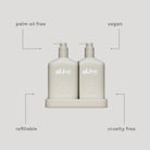 Alive Sea Cotton & Coconut Hand & Body Duo in Illuminated White featuring a 500ml hand and body wash and 500ml hand and body lotion in interlocking bottles with a matching tray.
