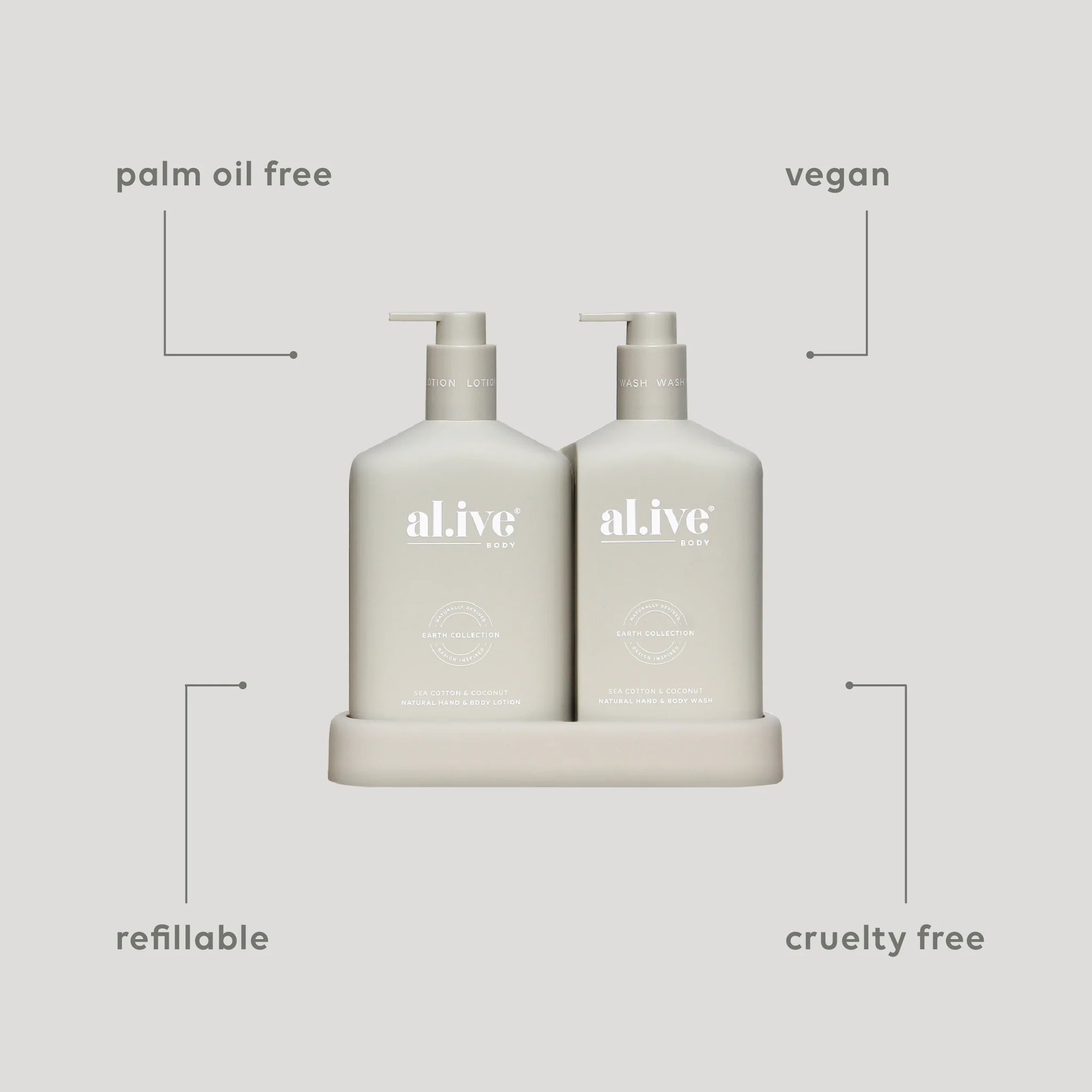 Alive Sea Cotton & Coconut Hand & Body Duo in Illuminated White featuring a 500ml hand and body wash and 500ml hand and body lotion in interlocking bottles with a matching tray.
