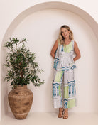 7/8 flat front pant in exclusive Rome print with elasticated back waist and pockets, styled for relaxed coastal wear