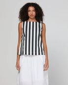 Shiro Top in Mono Stripe featuring a sleeveless design, relaxed A-line fit, round neckline and back keyhole detail.