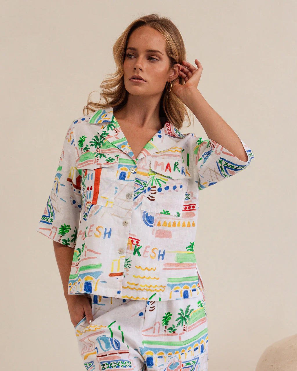 Lightweight Marrakesh print linen shirt with short sleeves, button-front, and relaxed fit, perfect for casual or coordinated outfits.