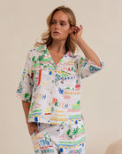 Lightweight Marrakesh print linen shirt with short sleeves, button-front, and relaxed fit, perfect for casual or coordinated outfits.