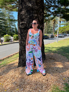Boom Shankar Juno Top in Sorrento print. Relaxed fit cotton top with short sleeves and round neckline, featuring a blue and white geometric pattern.