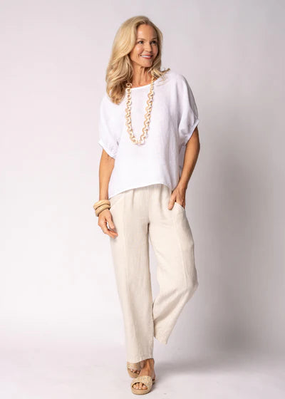 Solene Linen Top in white with a relaxed fit, round neckline, elasticated mid-length sleeves and a lightweight linen finish.
