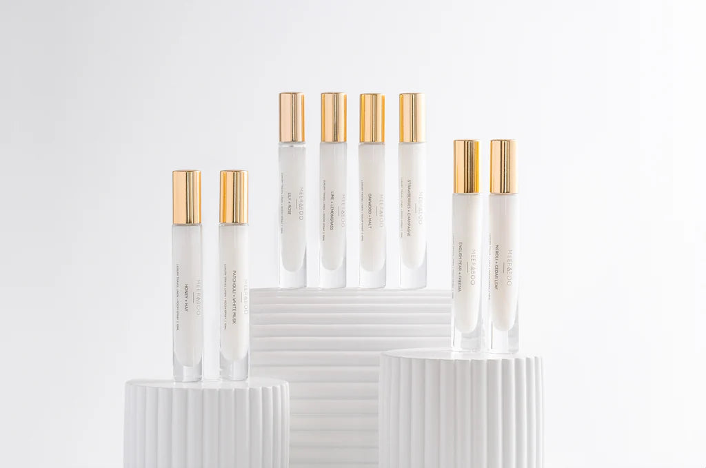Meeraboo Luxury Travel Linen and Room Spray in a 10ml bottle, designed to refresh clothing, linen and living spaces with a long-lasting fragrance.
