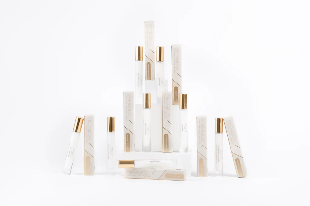 Meeraboo Luxury Travel Linen and Room Spray in a 10ml bottle, designed to refresh clothing, linen and living spaces with a long-lasting fragrance.
