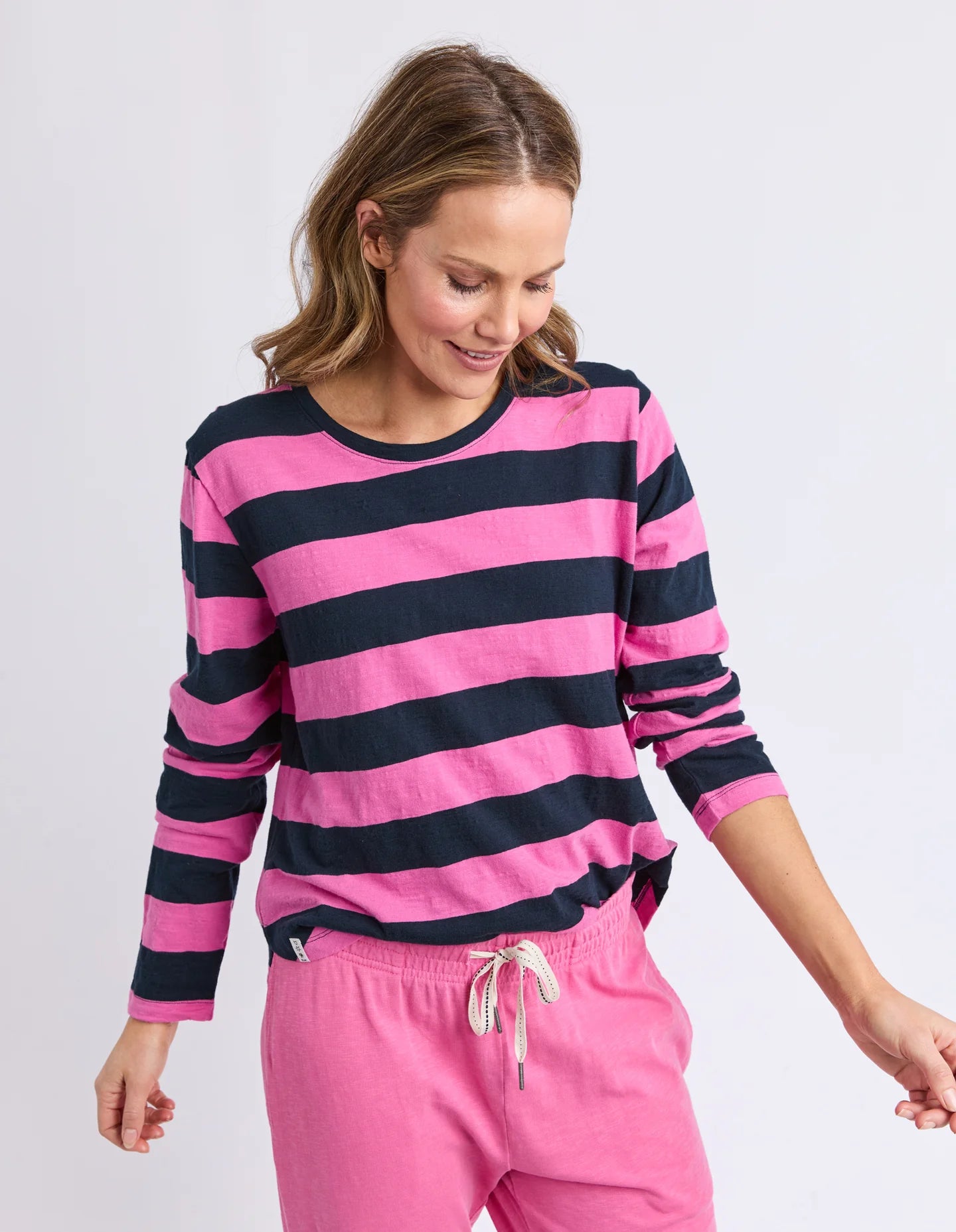 Women's long-sleeve striped top in vibrant coastal-inspired colours, crafted from soft 100% cotton slub jersey with a relaxed fit and mid-weight feel.