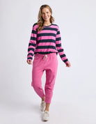 Women's long-sleeve striped top in vibrant coastal-inspired colours, crafted from soft 100% cotton slub jersey with a relaxed fit and mid-weight feel.