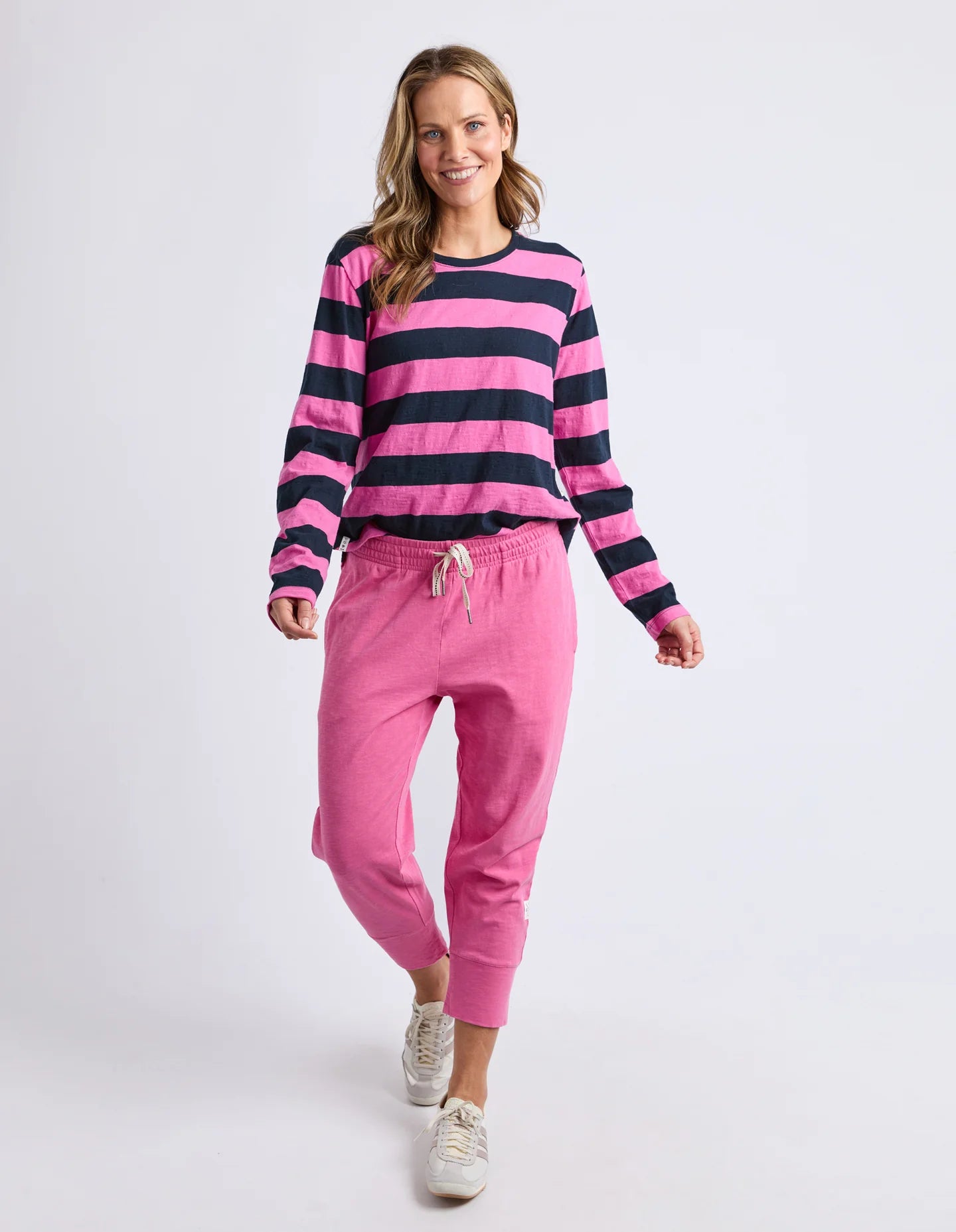 Women's long-sleeve striped top in vibrant coastal-inspired colours, crafted from soft 100% cotton slub jersey with a relaxed fit and mid-weight feel.
