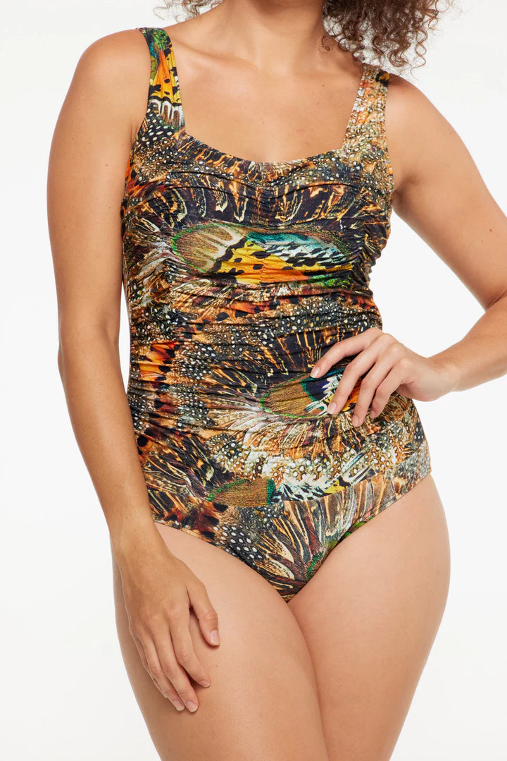 A woman close up modelling The Zambia Gathered Square One Piece Swimwear With Tummy Control by TOGS 
