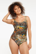 A woman front on modelling The Zambia Gathered Square One Piece Swimwear With Tummy Control by TOGS 