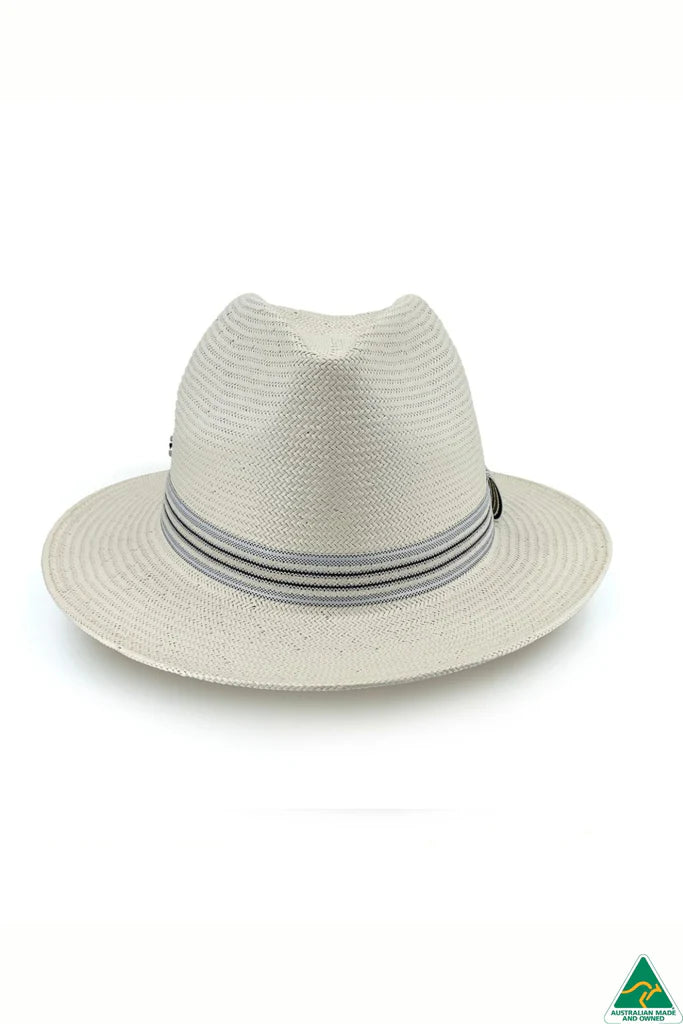 Stanton Glazed Straw Fedora in ivory with 6.5cm brim, 11cm crown, ivory-and-blue striped band, and ComfyFit adjustable internal band.

