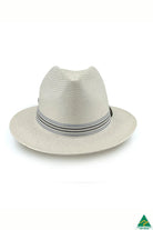 Stanton Glazed Straw Fedora in ivory with 6.5cm brim, 11cm crown, ivory-and-blue striped band, and ComfyFit adjustable internal band.
