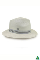 Stanton Glazed Straw Fedora in ivory with 6.5cm brim, 11cm crown, ivory-and-blue striped band, and ComfyFit adjustable internal band.
