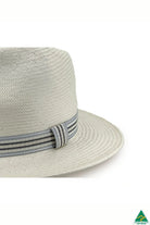 Stanton Glazed Straw Fedora in ivory with 6.5cm brim, 11cm crown, ivory-and-blue striped band, and ComfyFit adjustable internal band.
