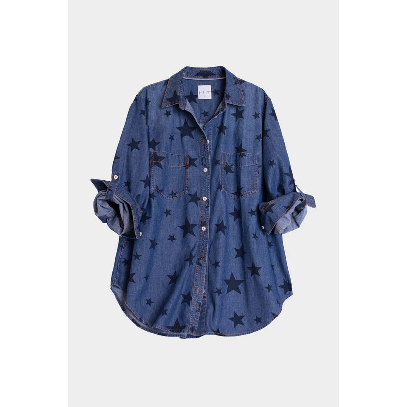 Starry Denim Shirt by HUT in soft washed cotton denim with a relaxed fit, tab sleeves and a scoop hem.

