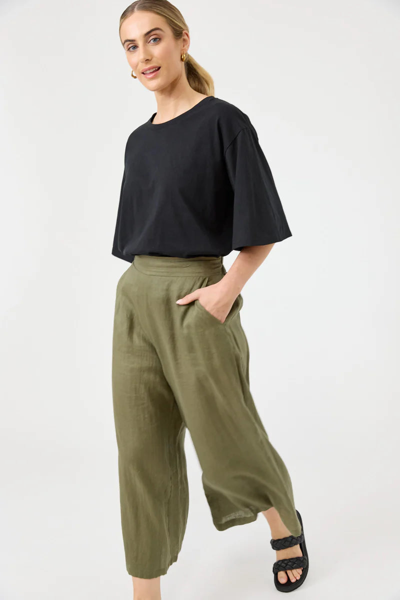 A pair of khaki wide-leg cropped linen pants with a relaxed fit, designed for a breathable and effortless summer look.