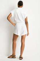 Sunset Playsuit featuring a button-through front, side pockets and drawstring waist in white and espresso.