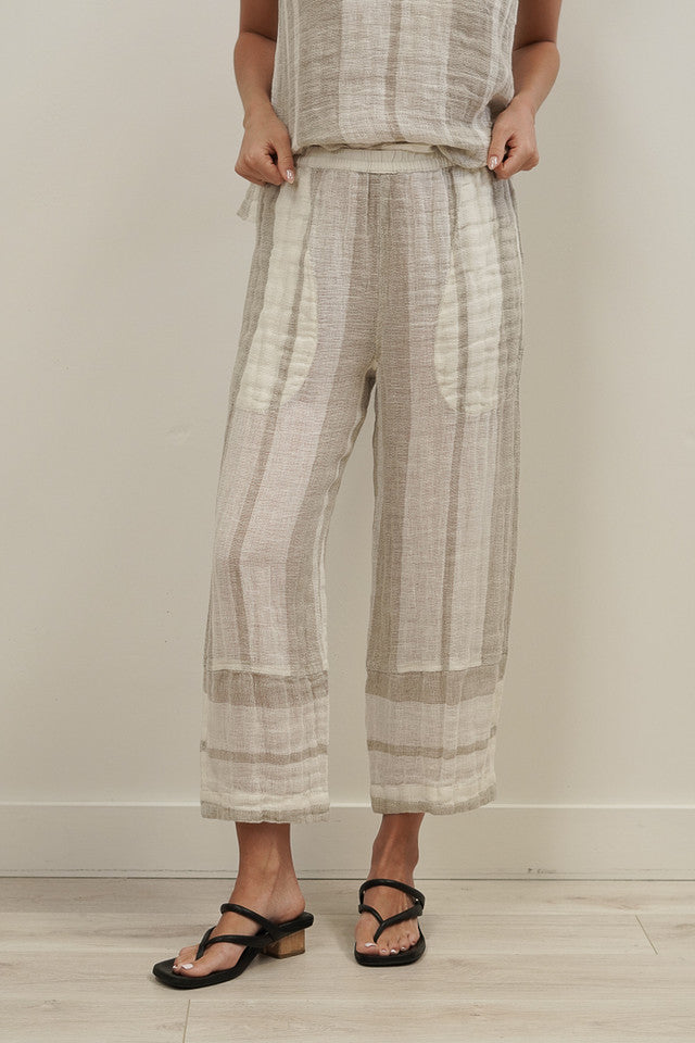 Tami Pant in natural stripy, 100% linen pant with elastic waistband and side pockets