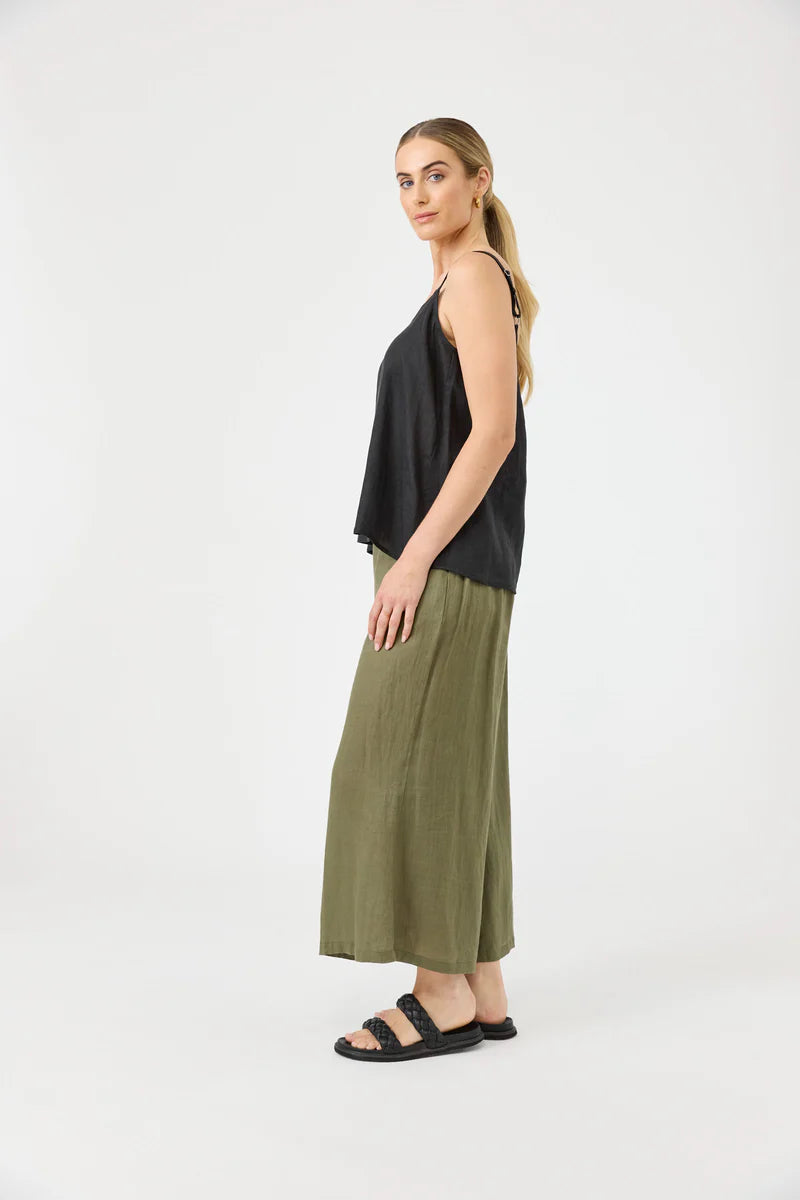 Studio Tank in ebony with square V-neck, adjustable straps, relaxed fit, and soft hem in a lightweight fabric.
