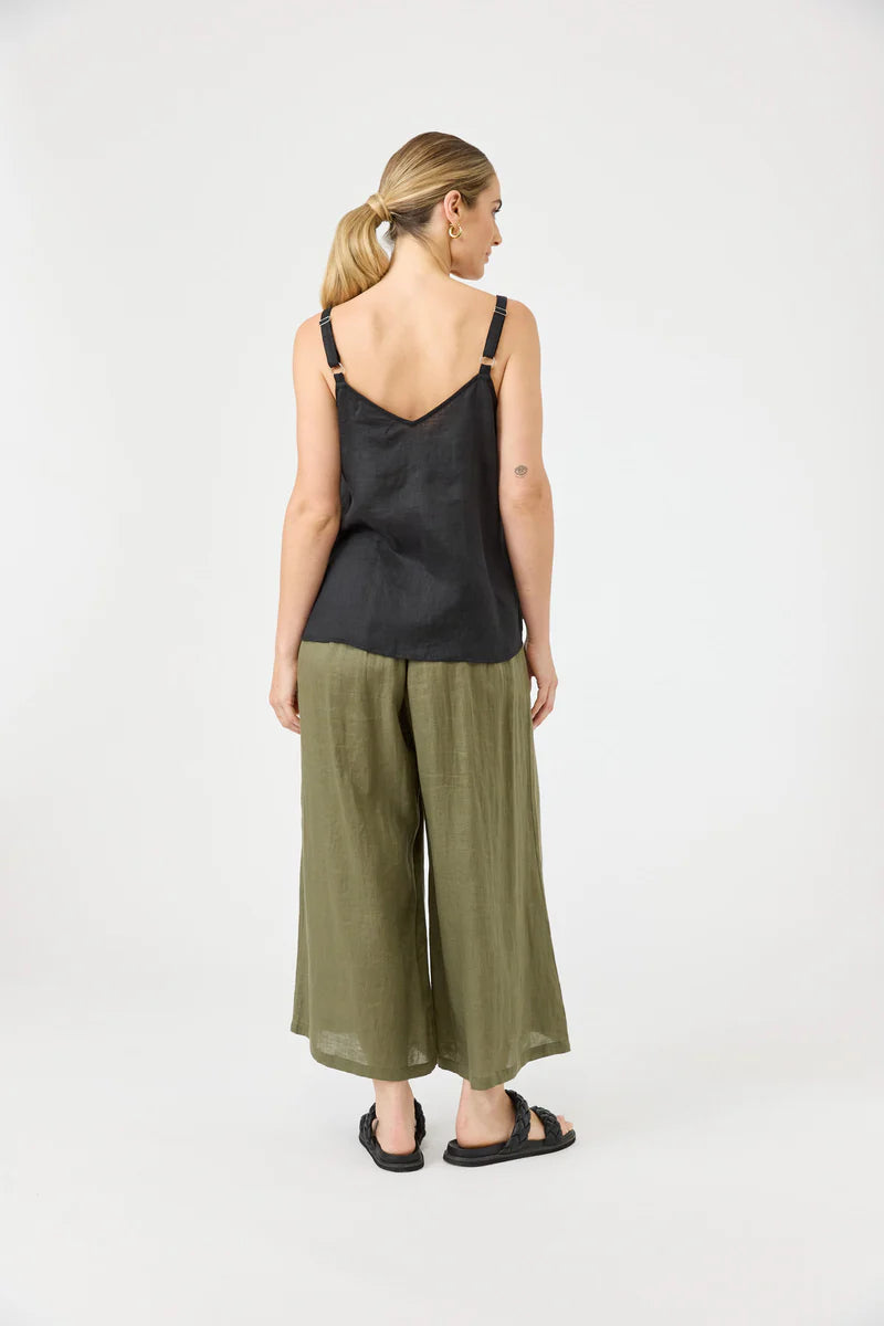 Studio Tank in ebony with square V-neck, adjustable straps, relaxed fit, and soft hem in a lightweight fabric.