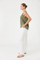 Studio Tank in khaki with square V-neck, adjustable straps, relaxed fit, and soft hem in a lightweight fabric.