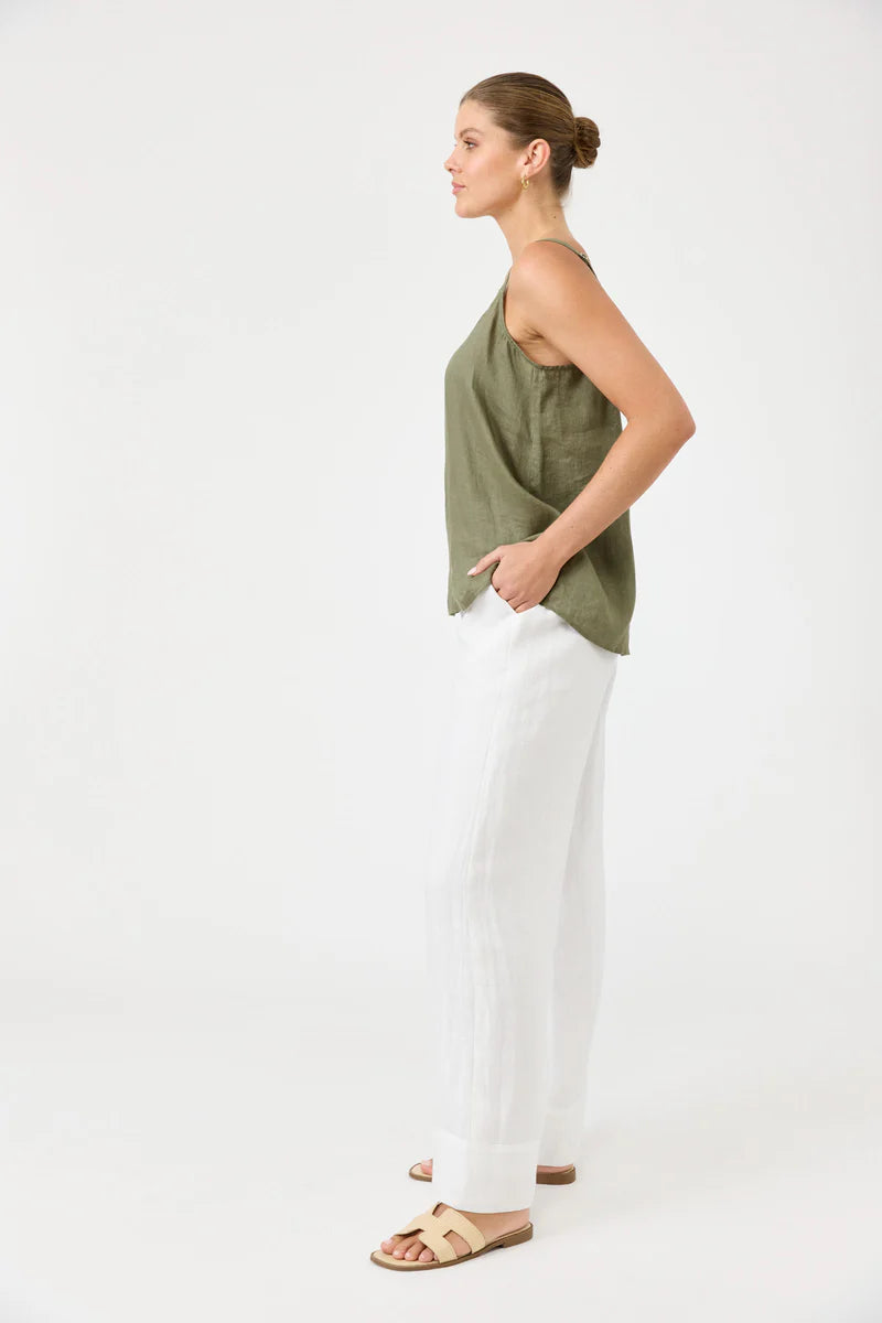 Studio Tank in khaki with square V-neck, adjustable straps, relaxed fit, and soft hem in a lightweight fabric.