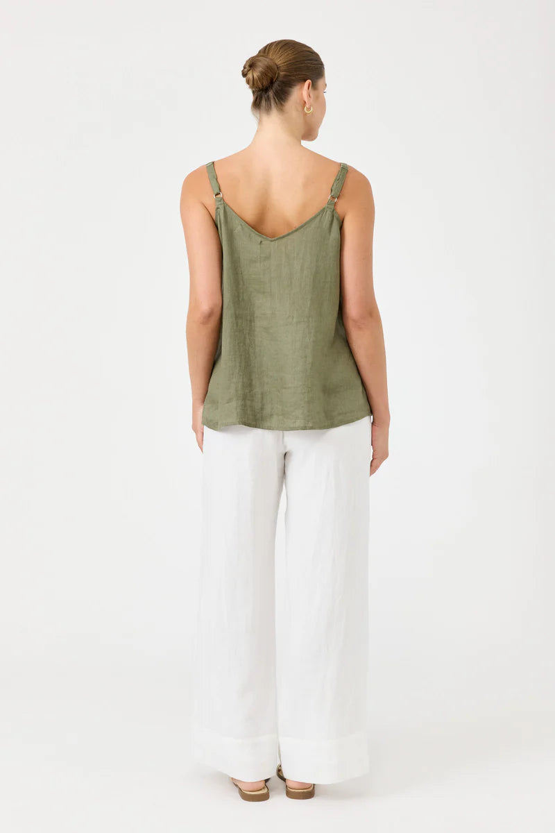 Studio Tank in khaki with square V-neck, adjustable straps, relaxed fit, and soft hem in a lightweight fabric.