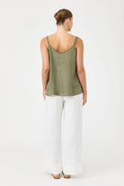 Studio Tank in khaki with square V-neck, adjustable straps, relaxed fit, and soft hem in a lightweight fabric.