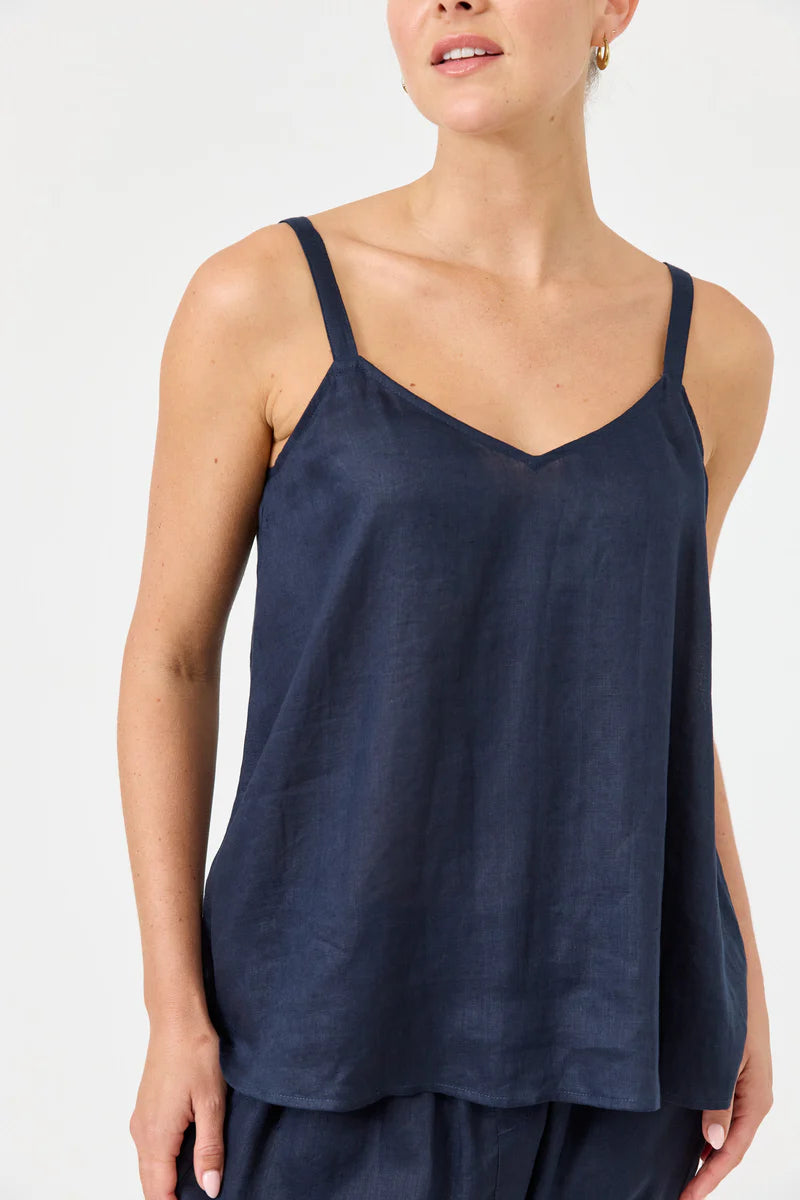 Studio Tank in navy with square V-neck, adjustable straps, relaxed fit, and soft hem in a lightweight fabric.