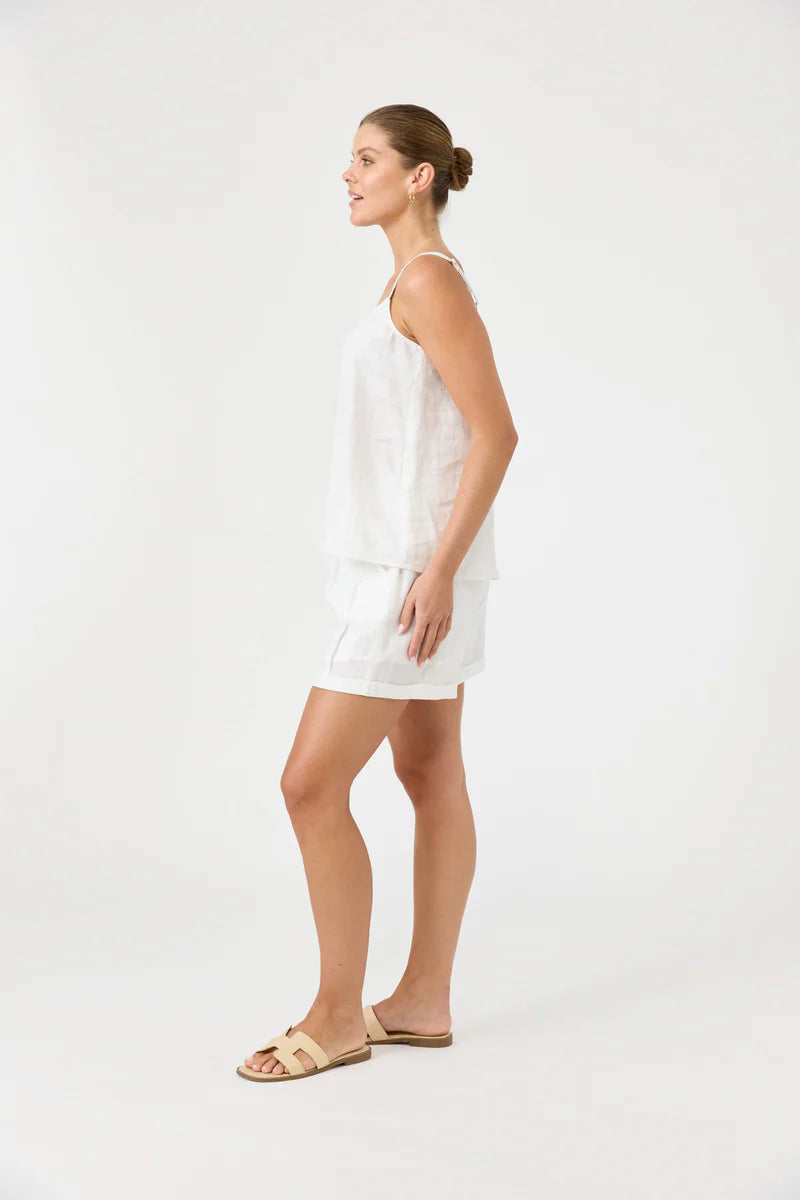 Studio Tank in salt with square V-neck, adjustable straps, relaxed fit, and soft hem in a lightweight fabric.