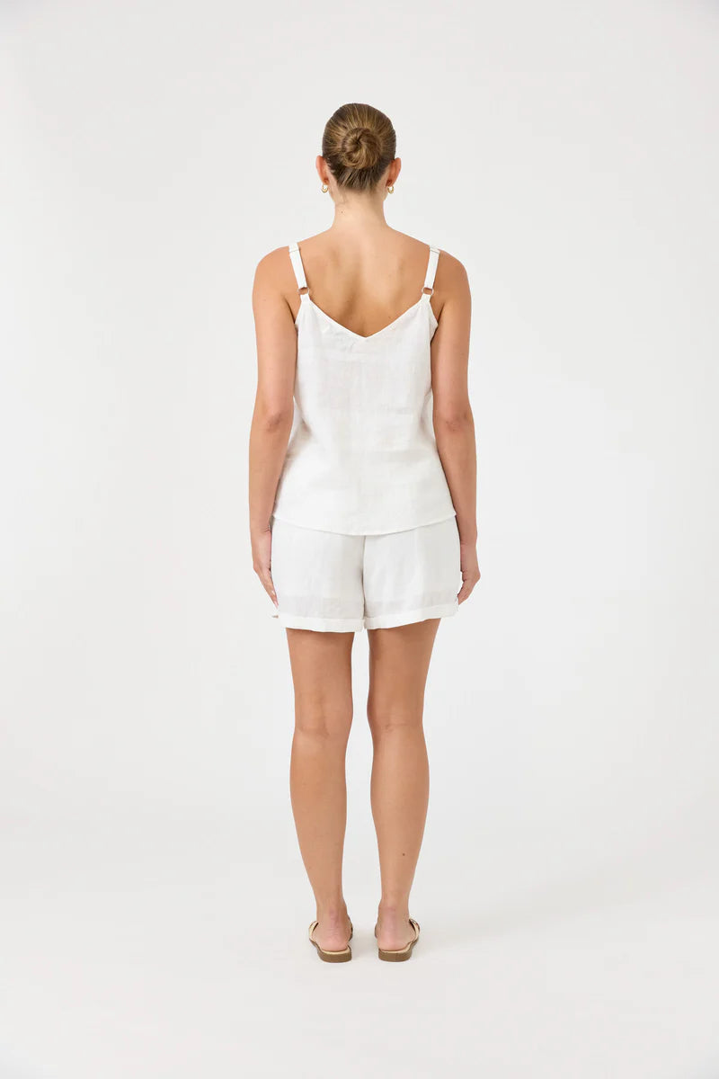 Studio Tank in salt with square V-neck, adjustable straps, relaxed fit, and soft hem in a lightweight fabric.