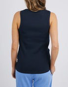 The Dark Sapphire Rib Crew Tank by Elm is currently available at Rawspice Boutique.