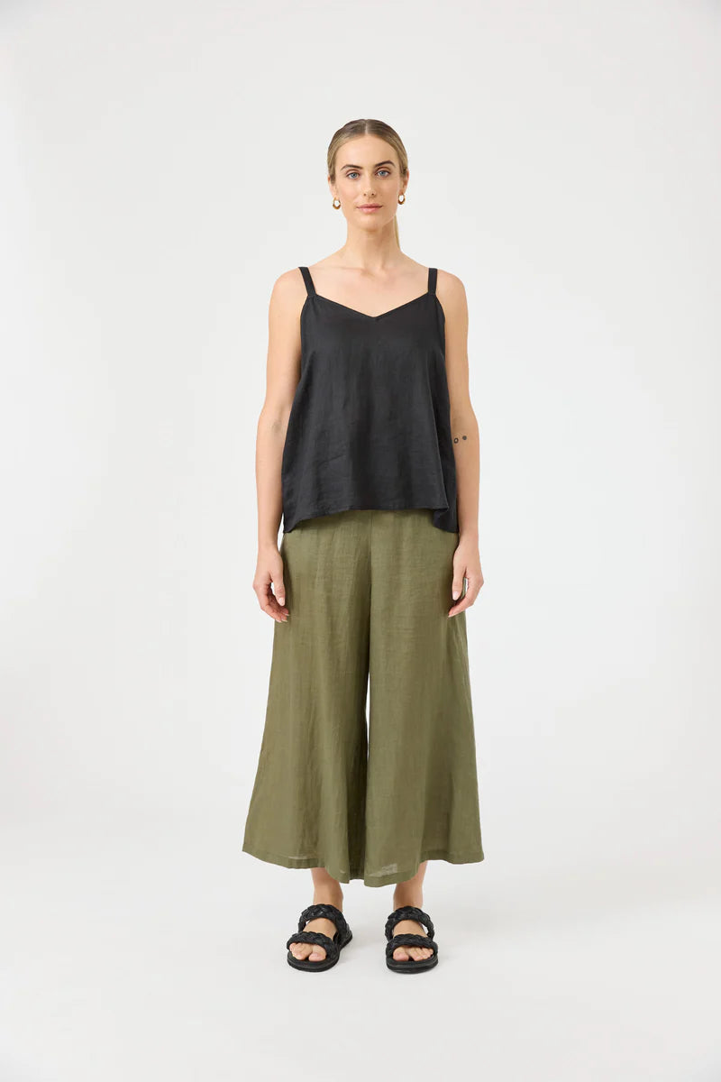 Studio Tank in ebony with square V-neck, adjustable straps, relaxed fit, and soft hem in a lightweight fabric.