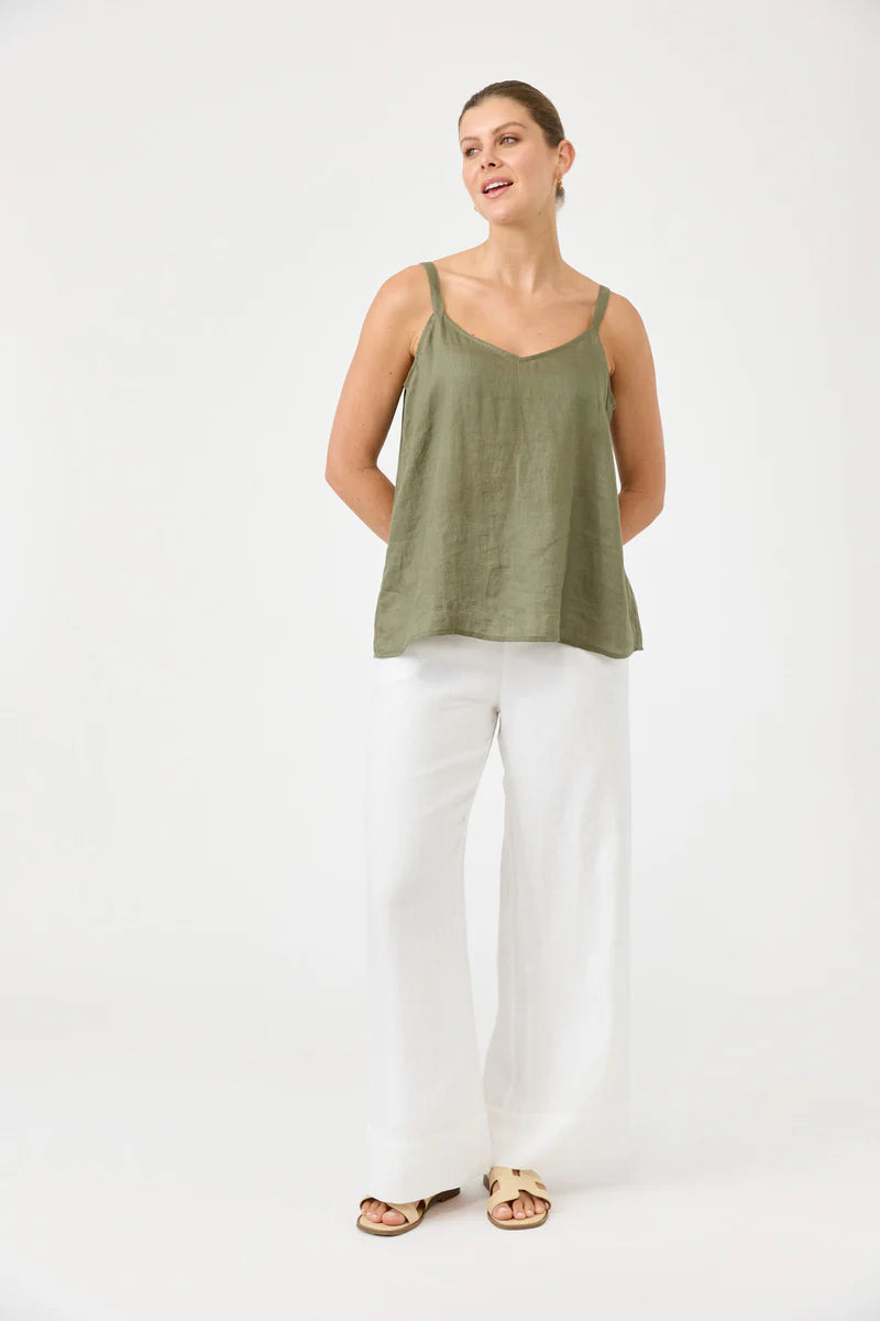Studio Tank in khaki with square V-neck, adjustable straps, relaxed fit, and soft hem in a lightweight fabric.