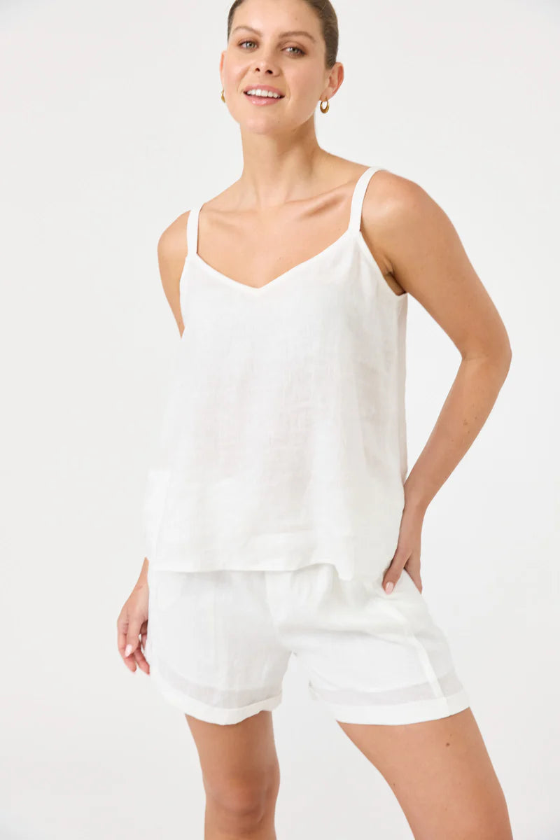 Studio Tank in salt with square V-neck, adjustable straps, relaxed fit, and soft hem in a lightweight fabric.