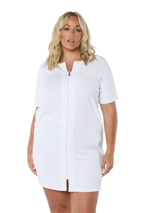 White Terry Towelling Zip-Through Dress with short sleeves, a full-length zip, and side pockets, designed for comfort and practicality.