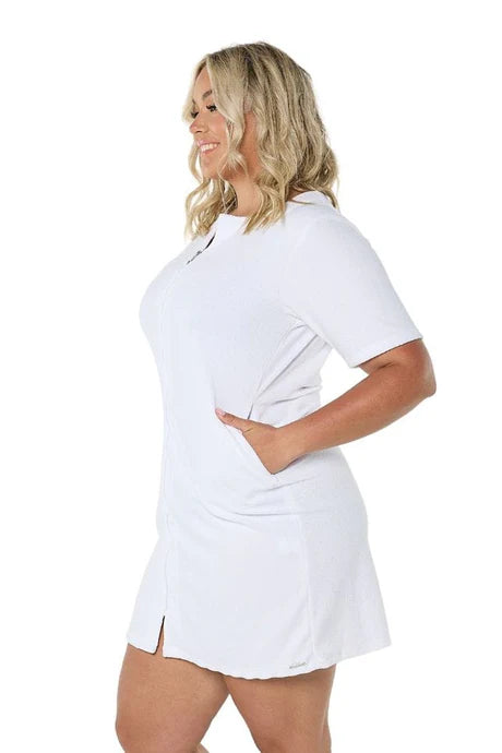 White Terry Towelling Zip-Through Dress with short sleeves, a full-length zip, and side pockets, designed for comfort and practicality.