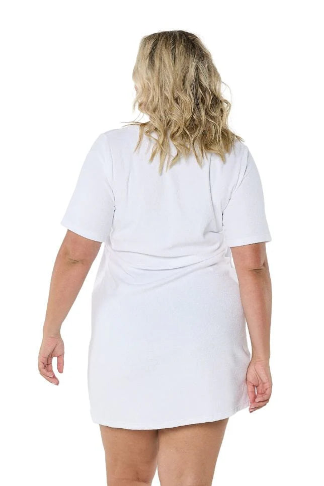 White Terry Towelling Zip-Through Dress with short sleeves, a full-length zip, and side pockets, designed for comfort and practicality.