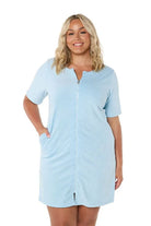 Light Blue Terry Towelling Zip-Through Dress with short sleeves, a full-length zip, and side pockets, designed for comfort and practicality.