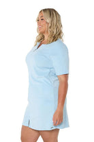 Light Blue Terry Towelling Zip-Through Dress with short sleeves, a full-length zip, and side pockets, designed for comfort and practicality.