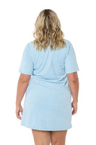 Light Blue Terry Towelling Zip-Through Dress with short sleeves, a full-length zip, and side pockets, designed for comfort and practicality.