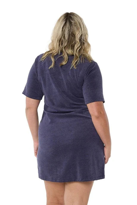 Navy Terry Towelling Zip-Through Dress with short sleeves, a full-length zip, and side pockets, designed for comfort and practicality.