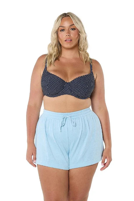 Light Blue Terry Towelling Shorts with an elastic waistband and adjustable drawstring, designed for comfort and relaxed summer style.