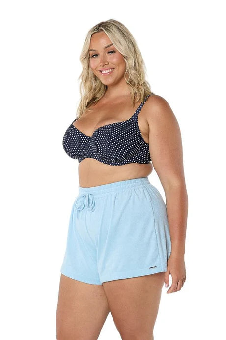 Light Blue Terry Towelling Shorts with an elastic waistband and adjustable drawstring, designed for comfort and relaxed summer style.