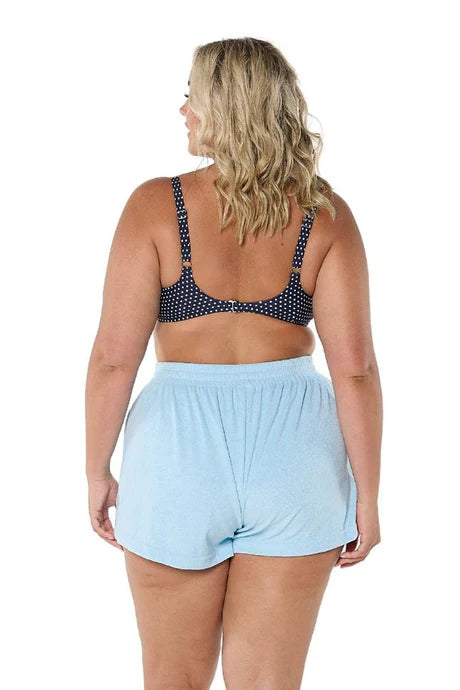 Light Blue Terry Towelling Shorts with an elastic waistband and adjustable drawstring, designed for comfort and relaxed summer style.