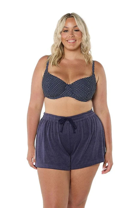 Navy Terry Towelling Shorts with an elastic waistband and adjustable drawstring, designed for comfort and relaxed summer style.