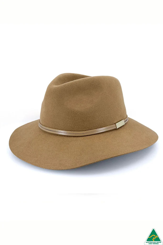 Thorburn Wool Felt Fedora in chocolate with cut-edge brim, camel leather band with metal trim, 9.5cm crown, and ComfyFit adjustable band.
