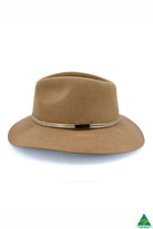 Thorburn Wool Felt Fedora in chocolate with cut-edge brim, camel leather band with metal trim, 9.5cm crown, and ComfyFit adjustable band.
