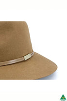 Thorburn Wool Felt Fedora in chocolate with cut-edge brim, camel leather band with metal trim, 9.5cm crown, and ComfyFit adjustable band.
